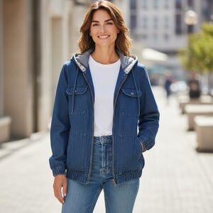 Roaman's  Womens Full Zip Denim Hoodie Denim Barn Chore Jacket 14W